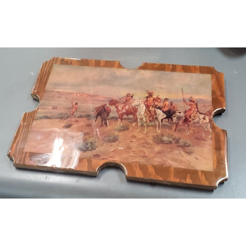 Vintage C. M. Russell Print Mounted On Wood 9" Tall 13" wide "Finding the Trail"